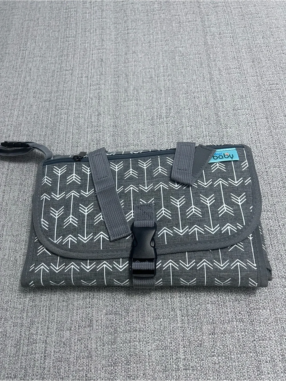 Grey & White Arrow Foldable Portable Changing Pad for Baby with Secure Buckle.